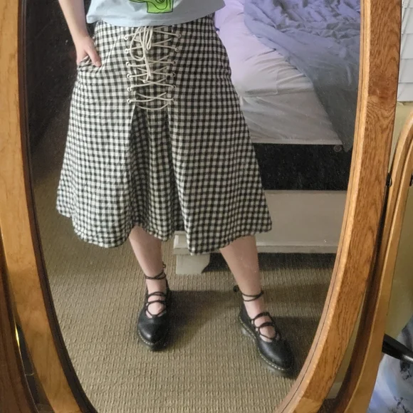 Eva Franco Lace-Up Black and White Gingham Midi Flare Skirt Medium - Picture 12 of 16